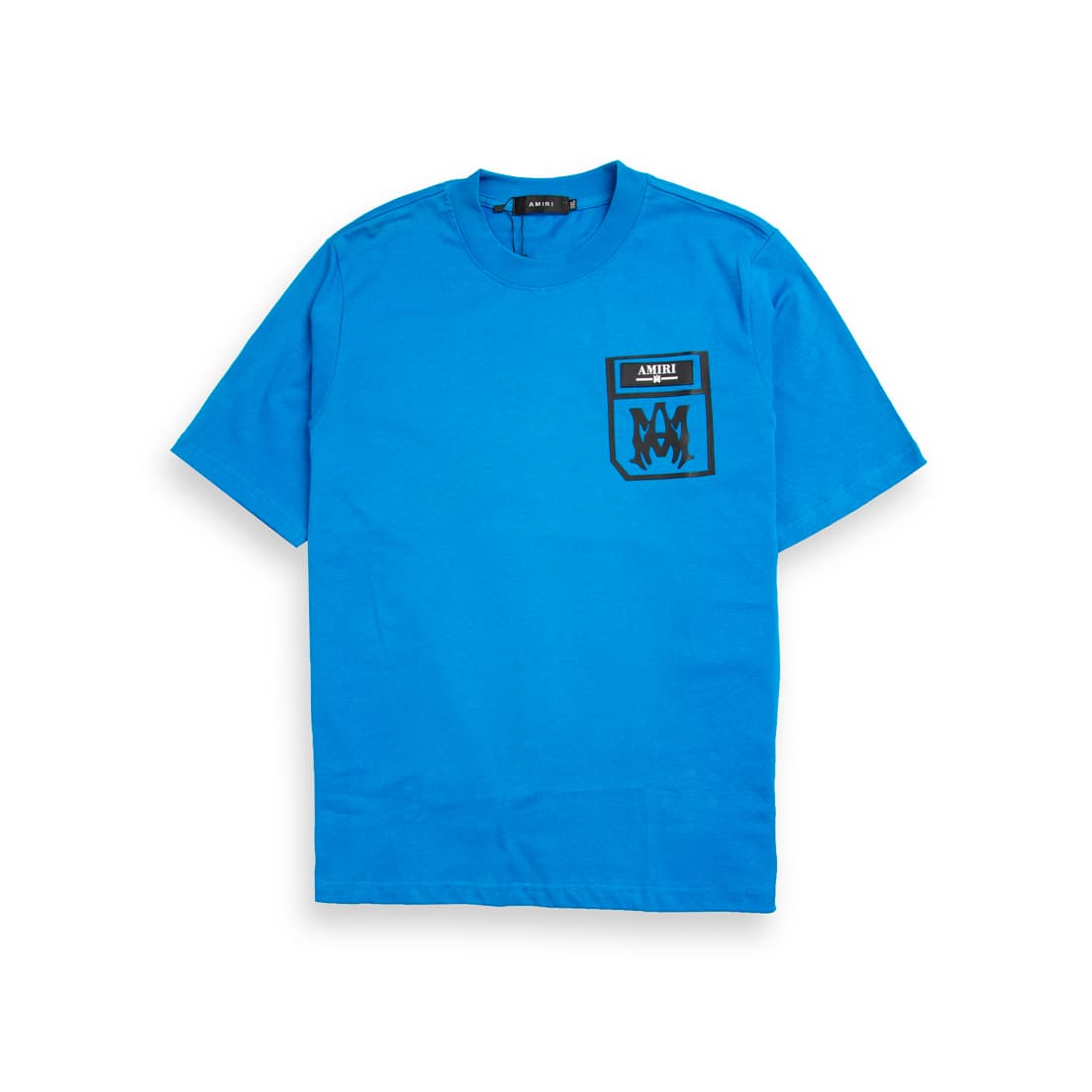 Bright blue Amiri unisex t-shirt with a black printed pocket logo featuring the AMIRI text and M monogram on the ches