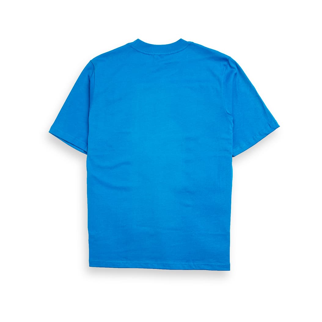 Bright blue Amiri unisex t-shirt with a black printed pocket logo featuring the AMIRI text and M monogram on the chest.