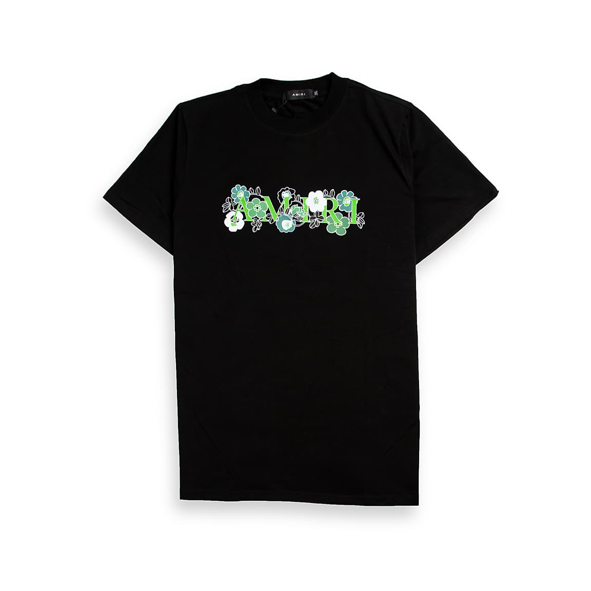 Black Amiri unisex t-shirt with a central floral-filled AMIRI logo graphic in green and blue.