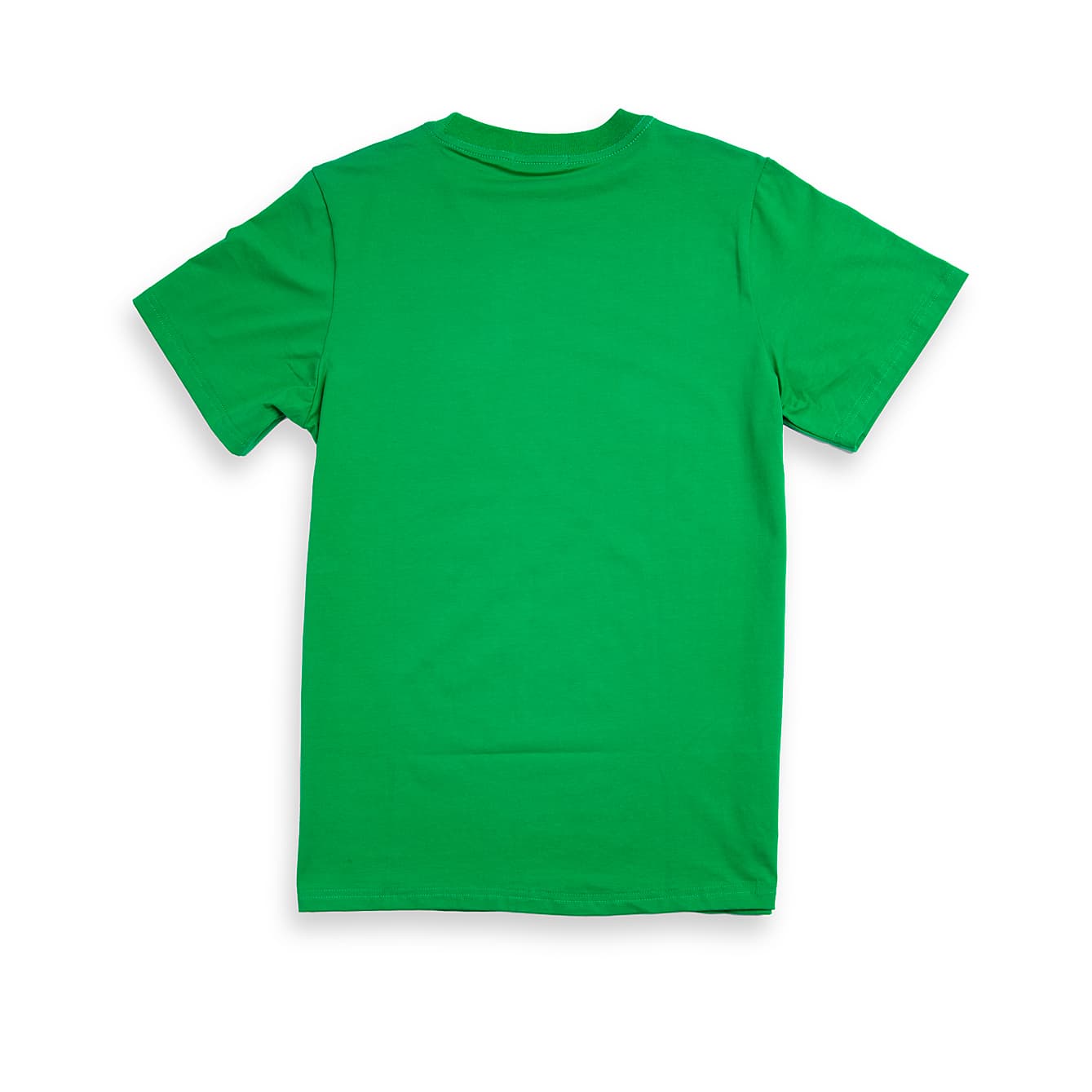 Bright green unisex cotton t-shirt with a small, colorful, retro-style graphic print on the left chest.