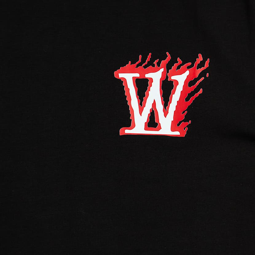 Bold black cotton t-shirt featuring a striking red flame and white 'W' chest graphic.