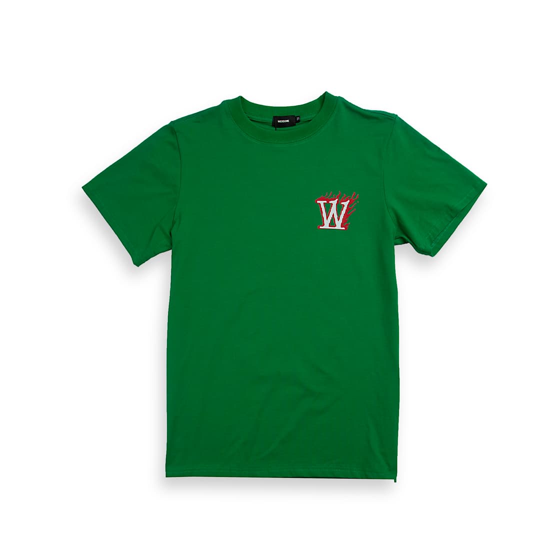 Emerald green crew neck t-shirt with small white and red flame "W" logo on the chest, laid flat.