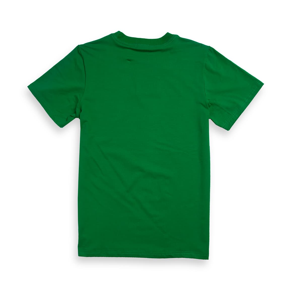 Emerald green crew neck t-shirt with small white and red flame "W" logo on the chest, laid flat.