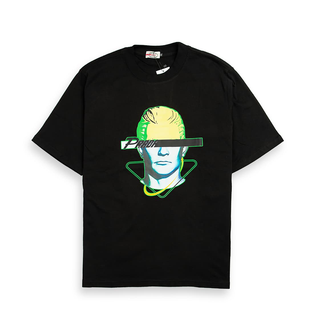 Black t-shirt with neon green and yellow cyber portrait graphic, short sleeves, crew neck, streetwear style.