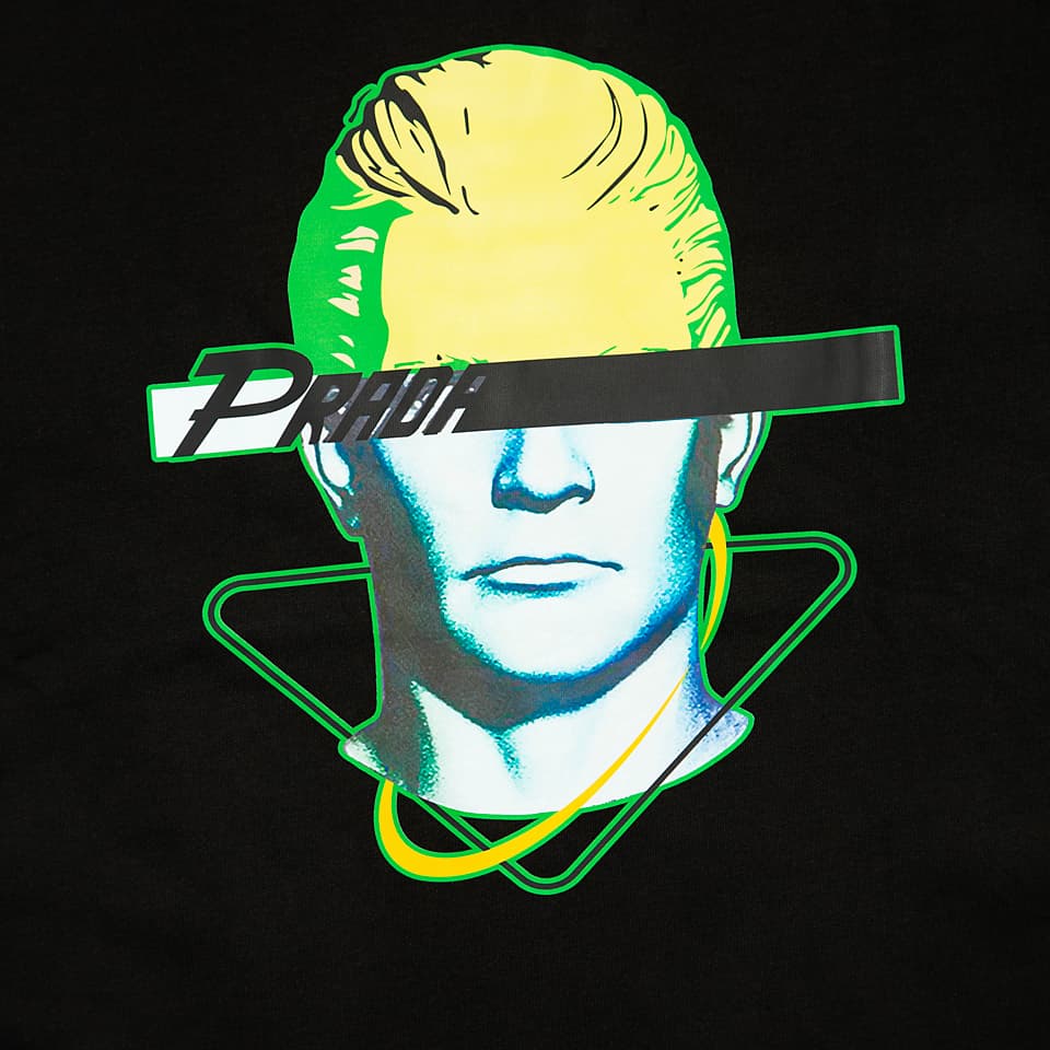 Black t-shirt with neon green and yellow cyber portrait graphic, short sleeves, crew neck, streetwear style.
