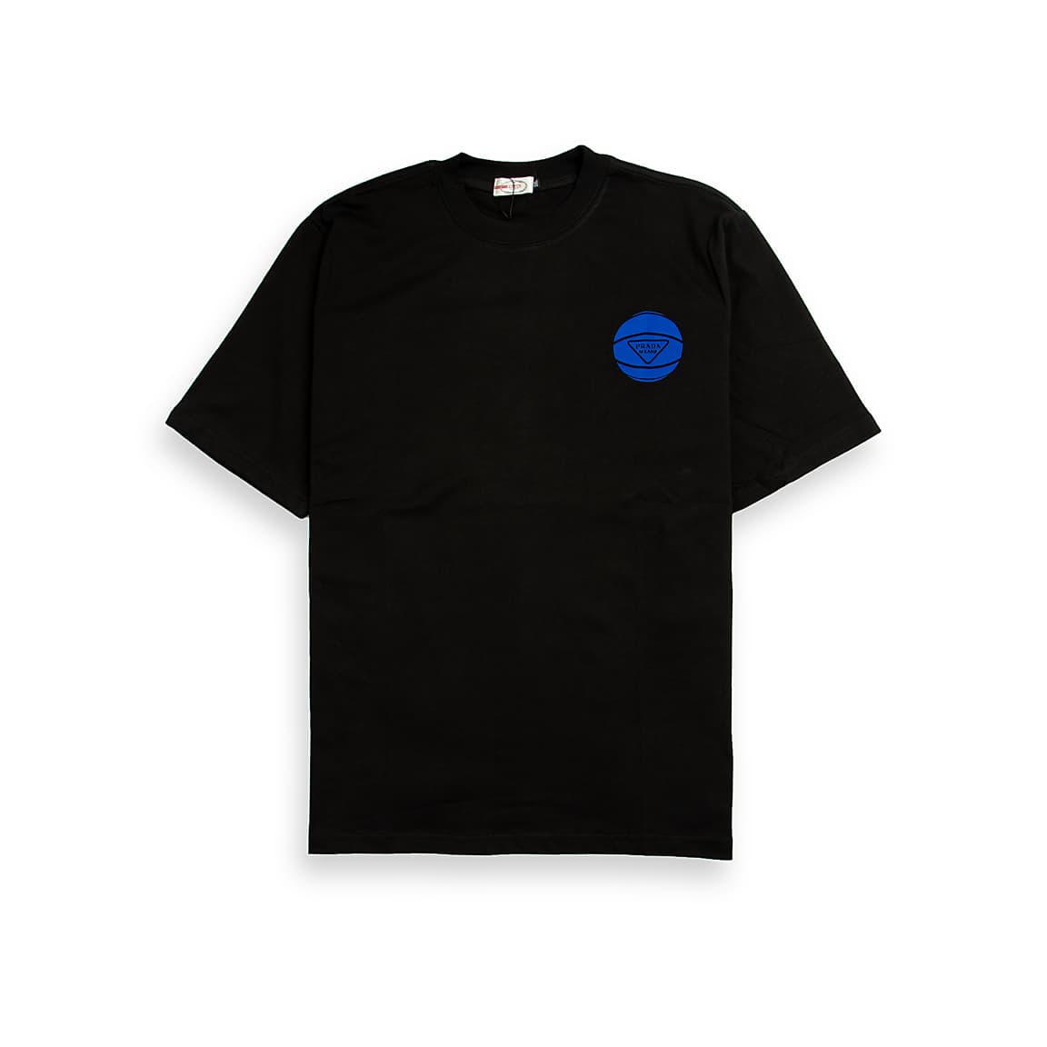 Black t-shirt with small royal blue circular "all-seeing eye" logo on the chest, unisex, crew neck.