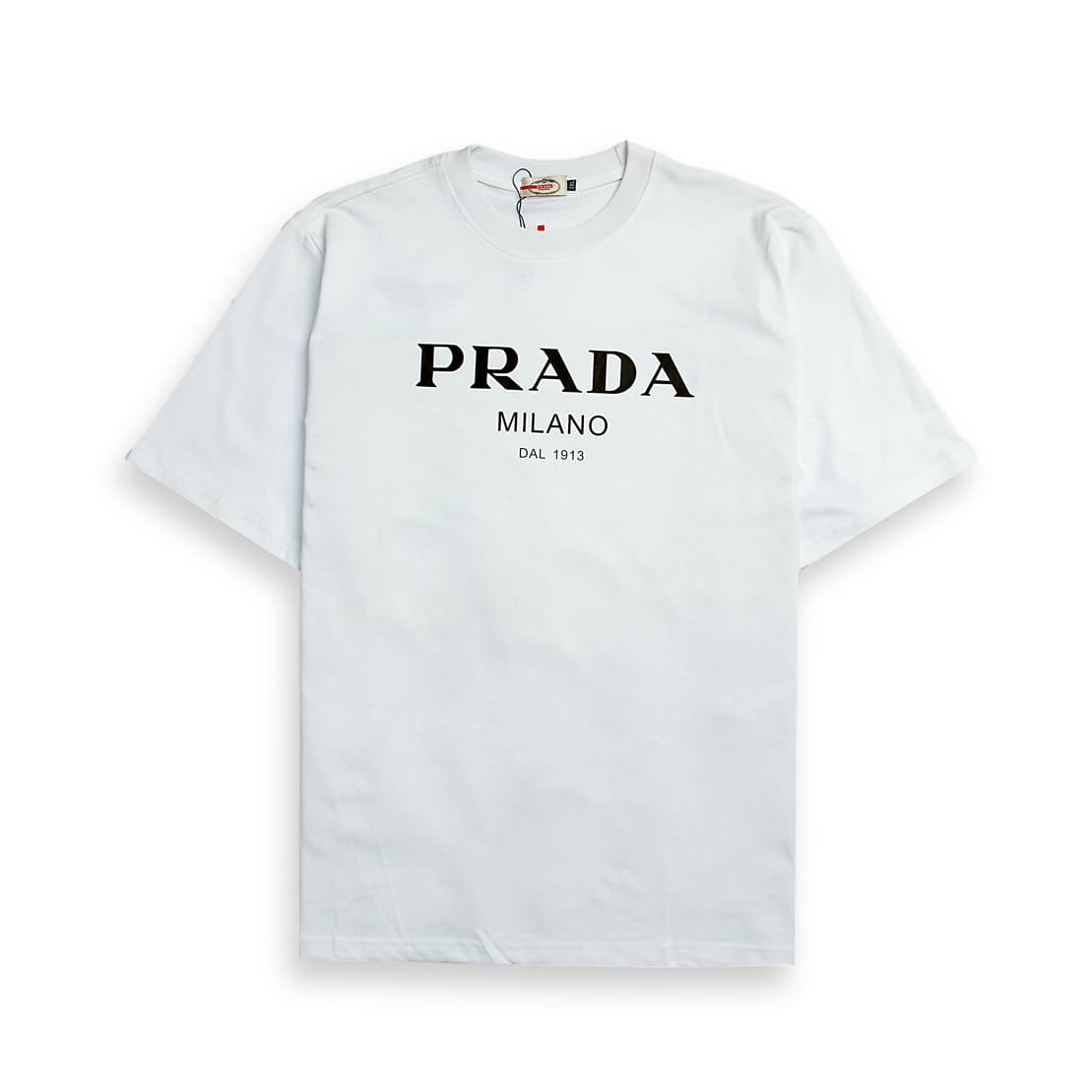 White Prada Milano Dal 1913 logo print t-shirt, short sleeves, crew neck, designer luxury wear.