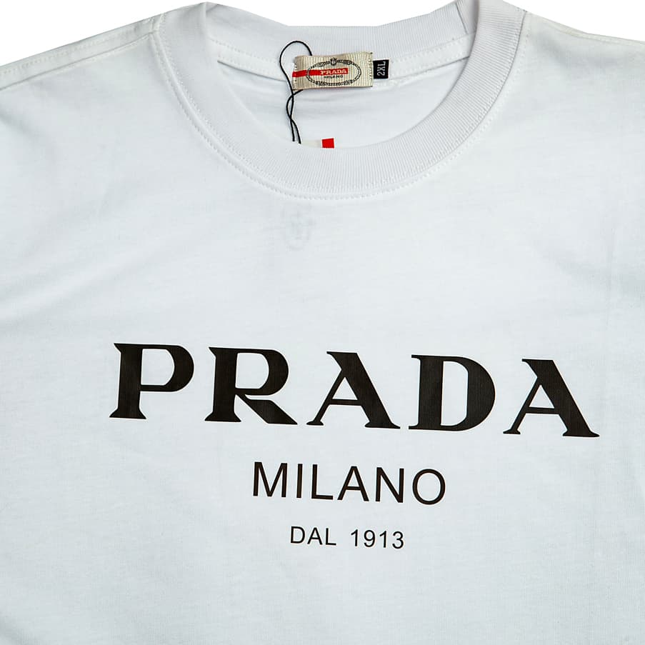 White Prada Milano Dal 1913 logo print t-shirt, short sleeves, crew neck, designer luxury wear.