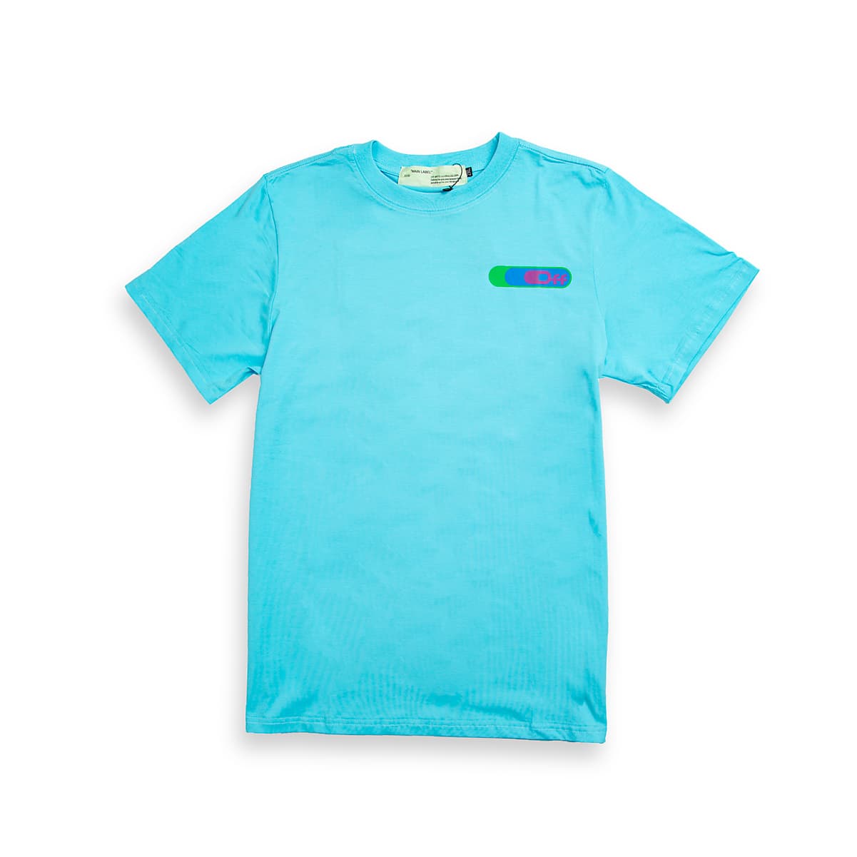 Off-White Neon OW Logo T-Shirt in bright cyan blue cotton with multi-colour neon bar graphic on the left chest.