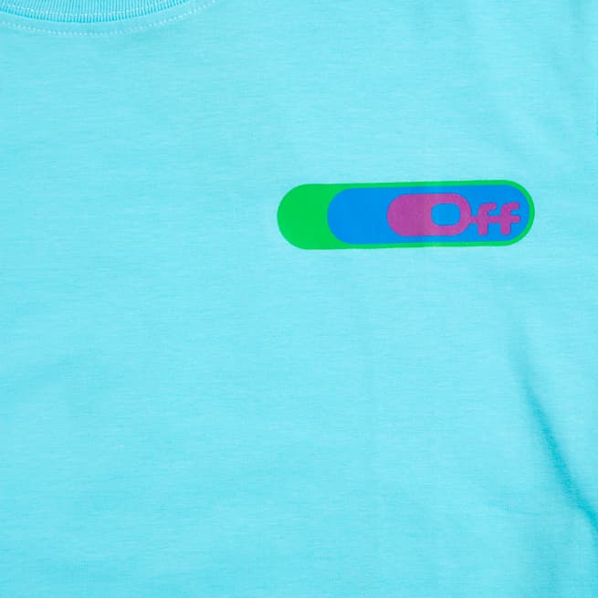Off-White Neon OW Logo T-Shirt in bright cyan blue cotton with multi-colour neon bar graphic on the left chest.