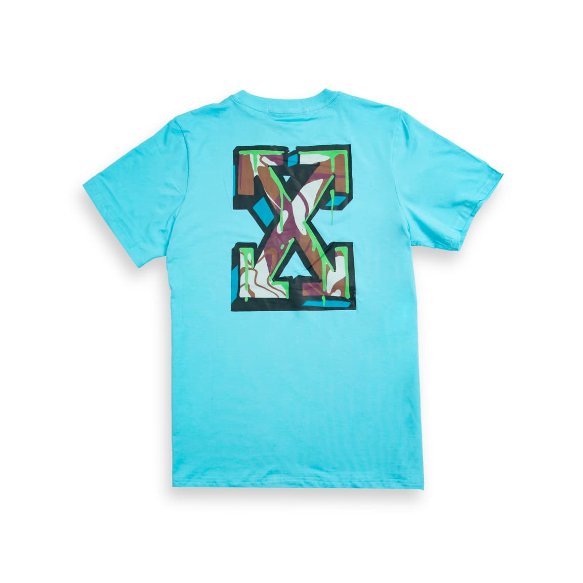 Off-White Neon OW Logo T-Shirt in bright cyan blue cotton with multi-colour neon bar graphic on the left chest.