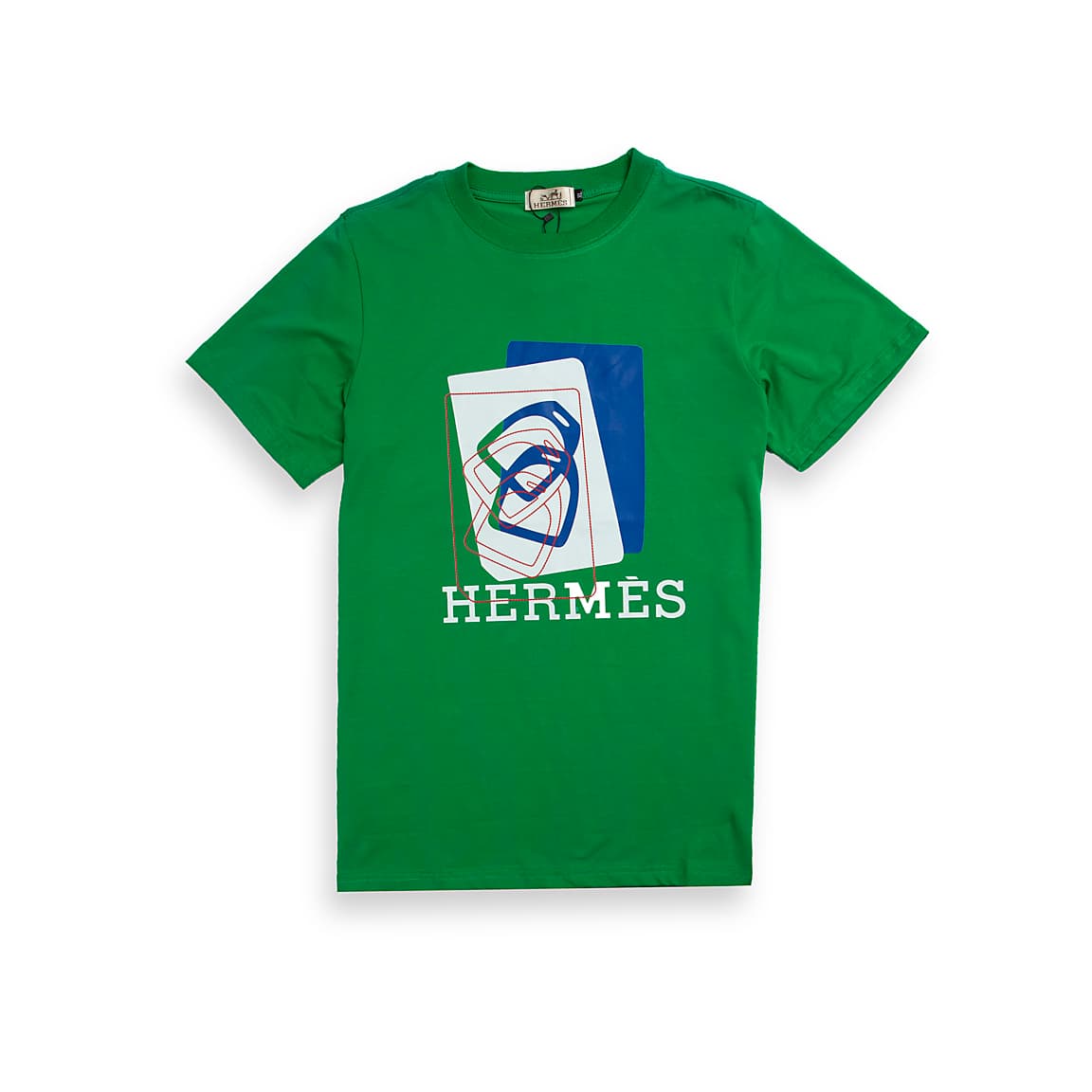 Kelly Green Hermès t-shirt with modern blue and white abstract graphic logo print, luxury designer unisex wear.