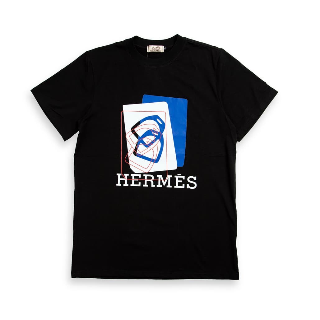 Black Hermès t-shirt with modern blue and white abstract graphic logo print, luxury designer unisex wear.