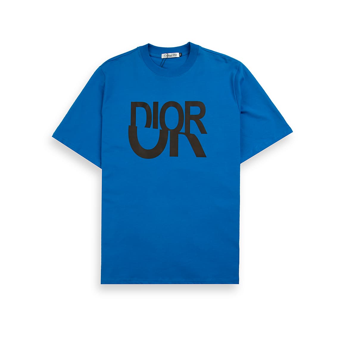 Royal blue Christian Dior t-shirt with large black inverted and overlapping logo graphic, luxury unisex wear.