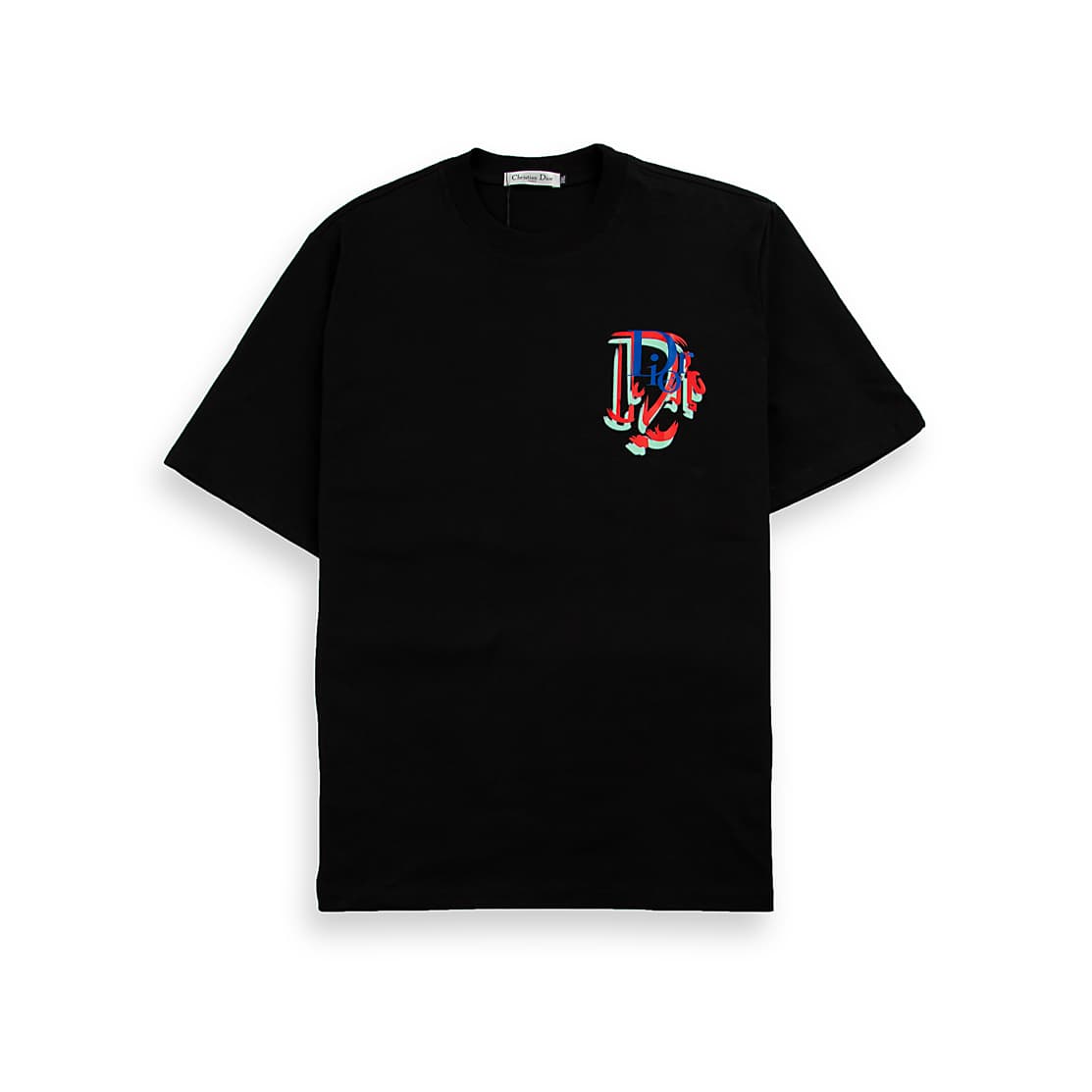 Black Christian Dior t-shirt with small, multi-colour distorted 'D' logo graphic on chest, luxury unisex wear.