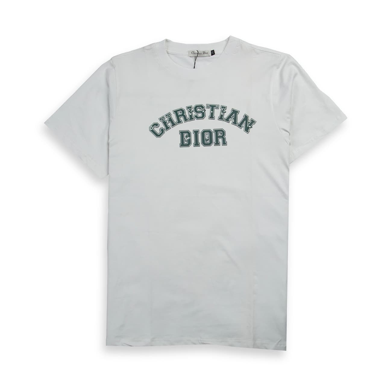 White Christian Dior t-shirt with dark green collegiate logo graphic, short sleeves, luxury unisex style.