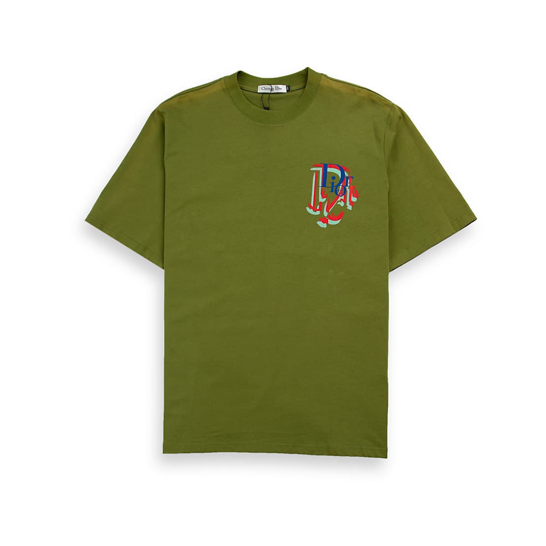 Olive Green Christian Dior t-shirt with small, multi-colour distorted 'D' logo graphic on chest, luxury unisex wear.