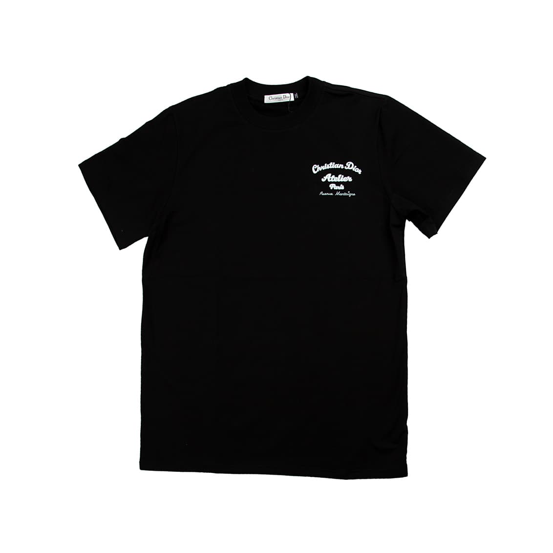 Black Christian Dior t-shirt with white script Atelier Paris Avenue Montaigne logo graphic, luxury unisex wear.