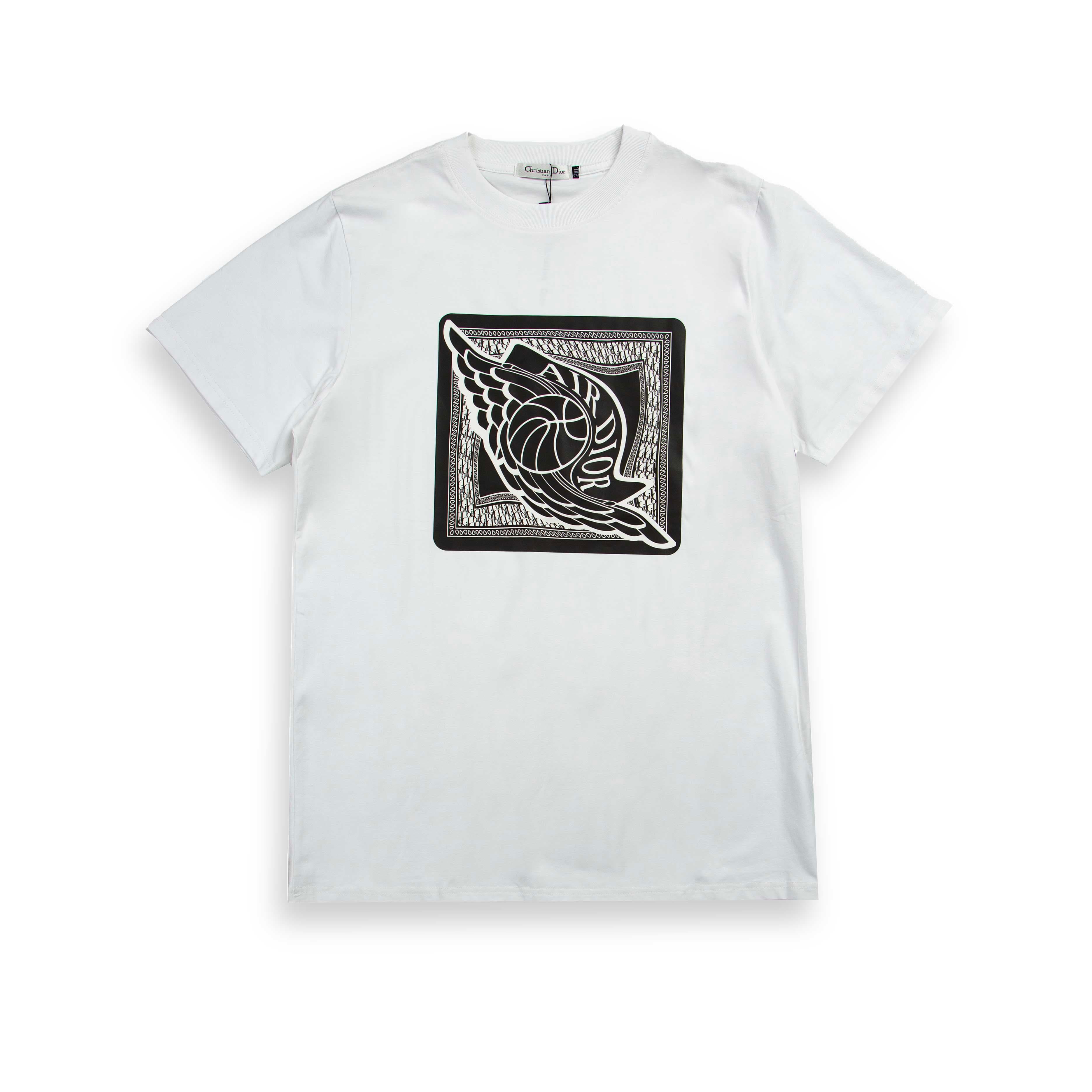 White Christian Dior x Jordan t-shirt with black and white Wings logo graphic patch, luxury unisex wear.