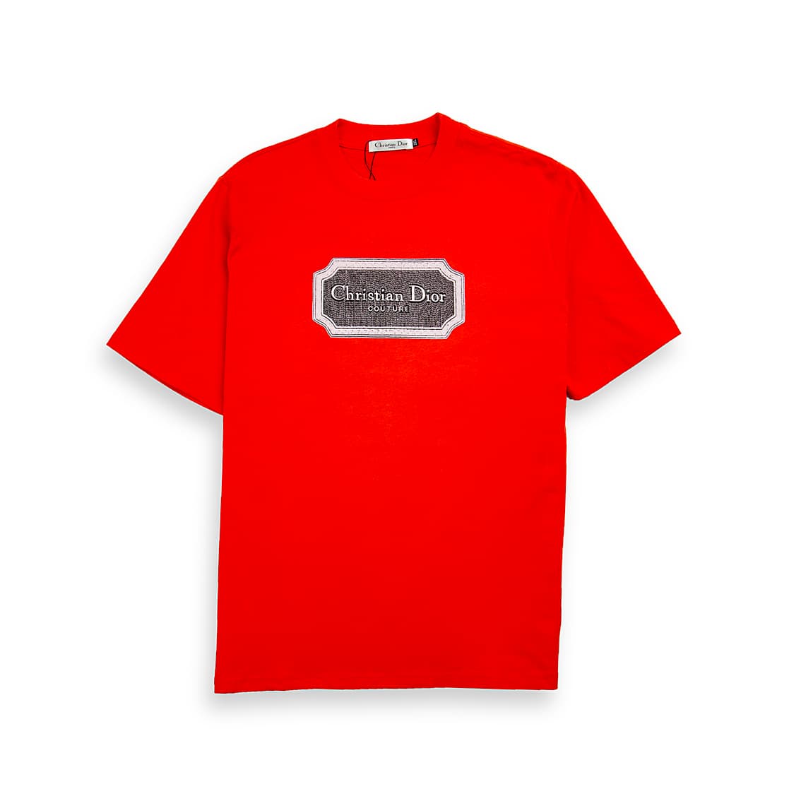 Scarlet Red Christian Dior t-shirt with brown couture patch logo graphic on chest, luxury unisex style