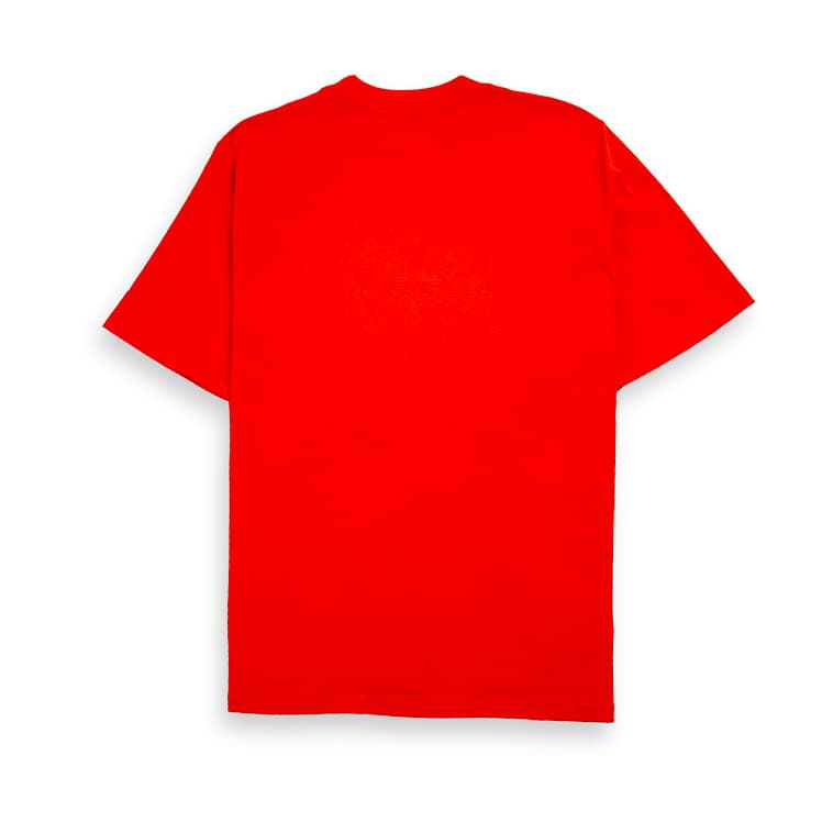 Scarlet Red Christian Dior t-shirt with brown couture patch logo graphic on chest, luxury unisex style
