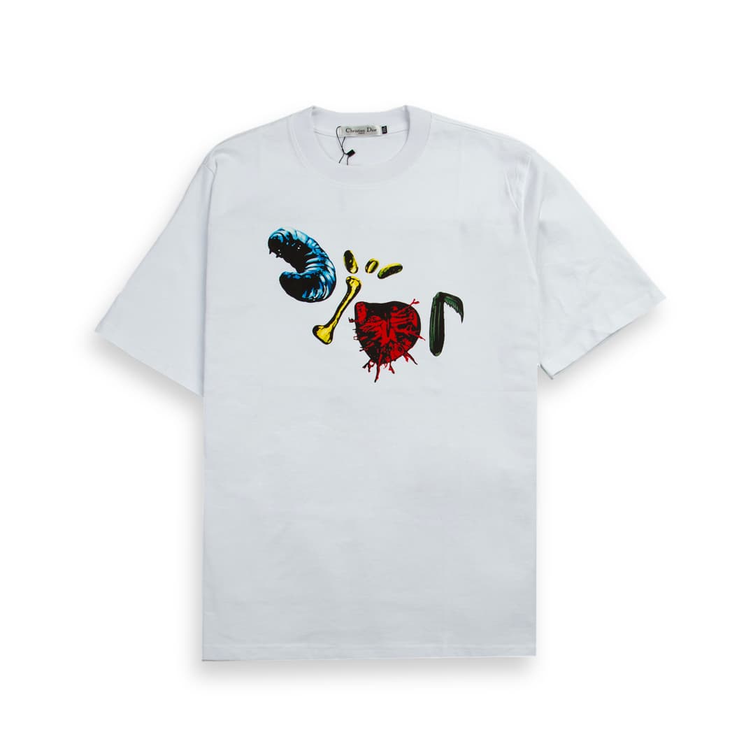 White Christian Dior t-shirt with surreal abstract creature and bone graphic print, luxury designer unisex wear.