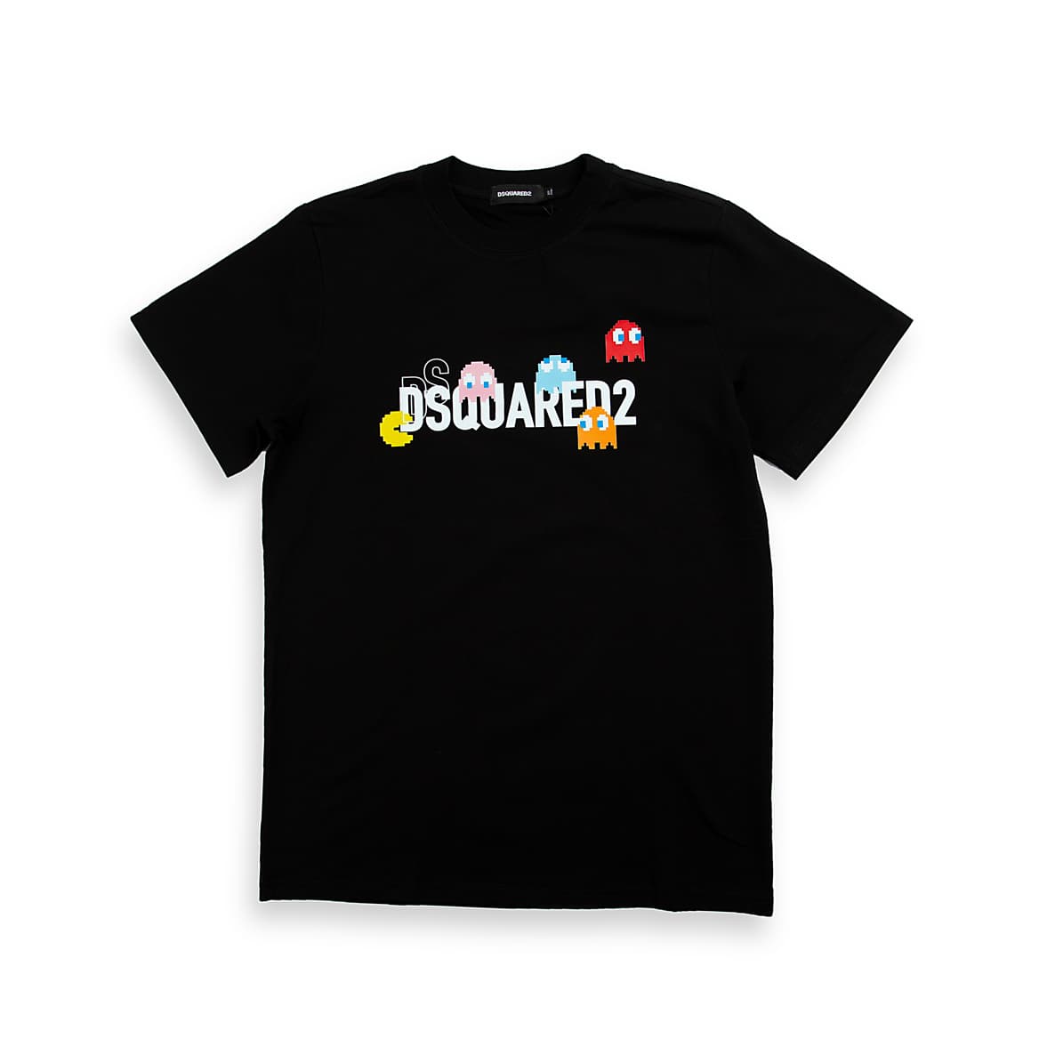 Black Dsquared2 t-shirt with Pac-Man pixelated graphic and logo, short sleeves, designer unisex streetwear.