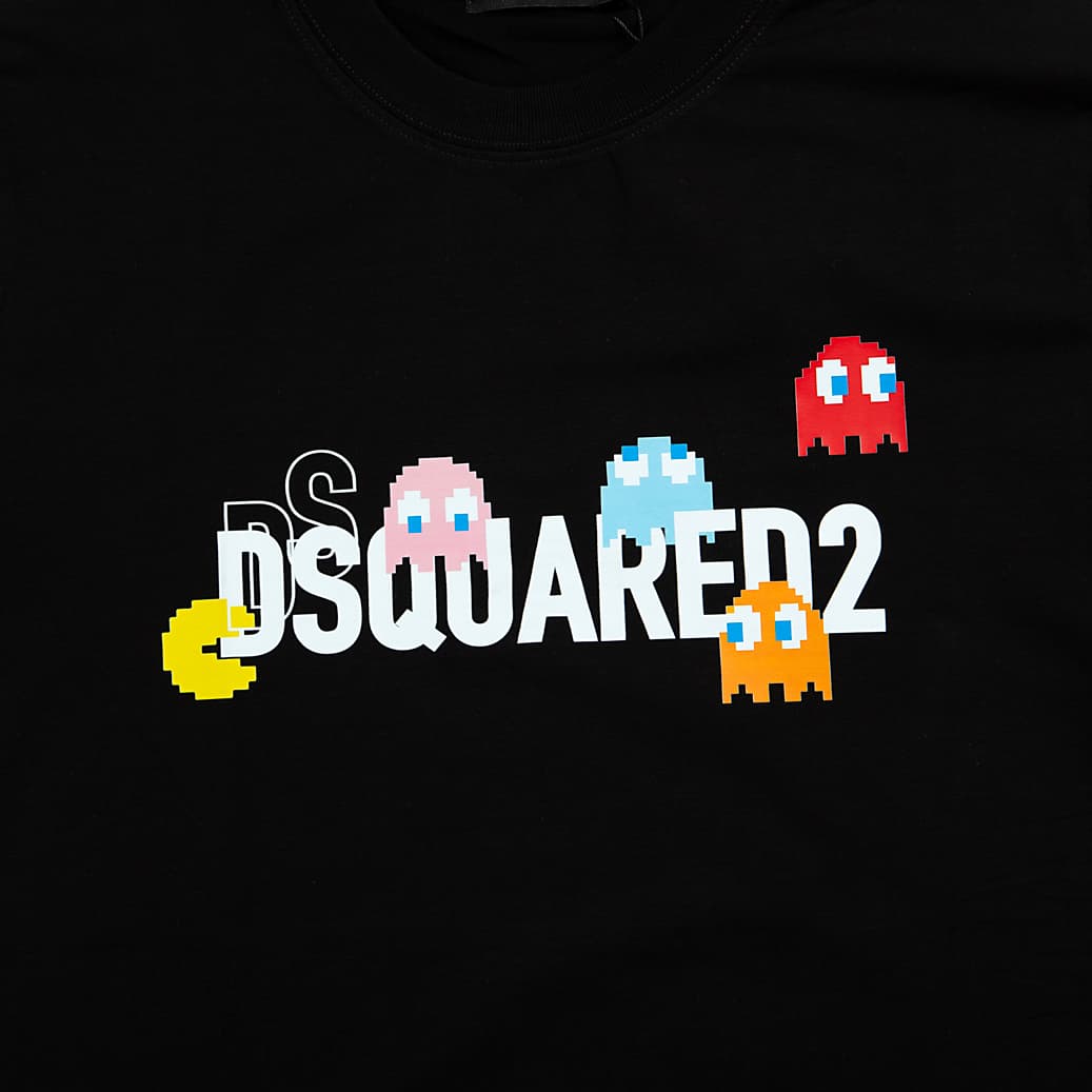 Black Dsquared2 t-shirt with Pac-Man pixelated graphic and logo, short sleeves, designer unisex streetwear.
