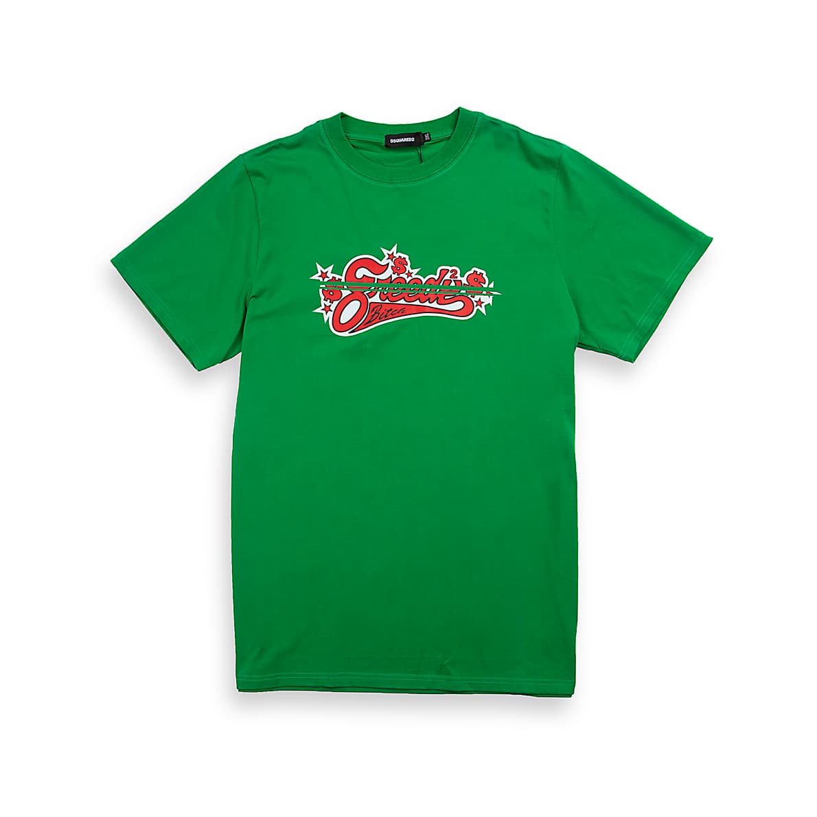Emerald Green Dsquared2 t-shirt with red and white "Greedy Official" script logo and rose graphic, unisex streetwear.