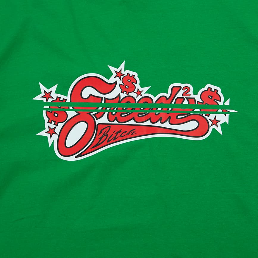 Emerald Green Dsquared2 t-shirt with red and white "Greedy Official" script logo and rose graphic, unisex streetwear.