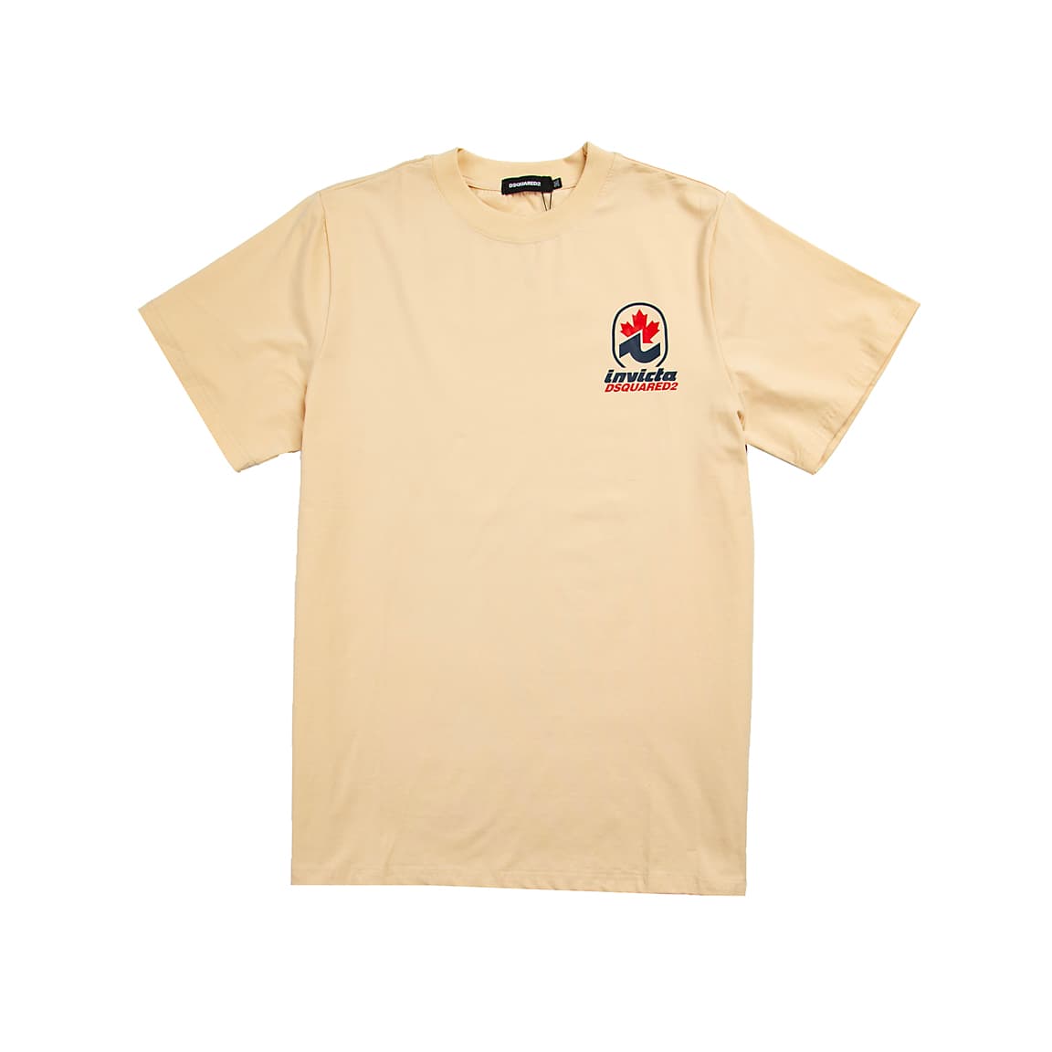 Tan Dsquared2 t-shirt with small Canadian Maple Leaf logo graphic on chest, short sleeves, unisex designer casual wear.