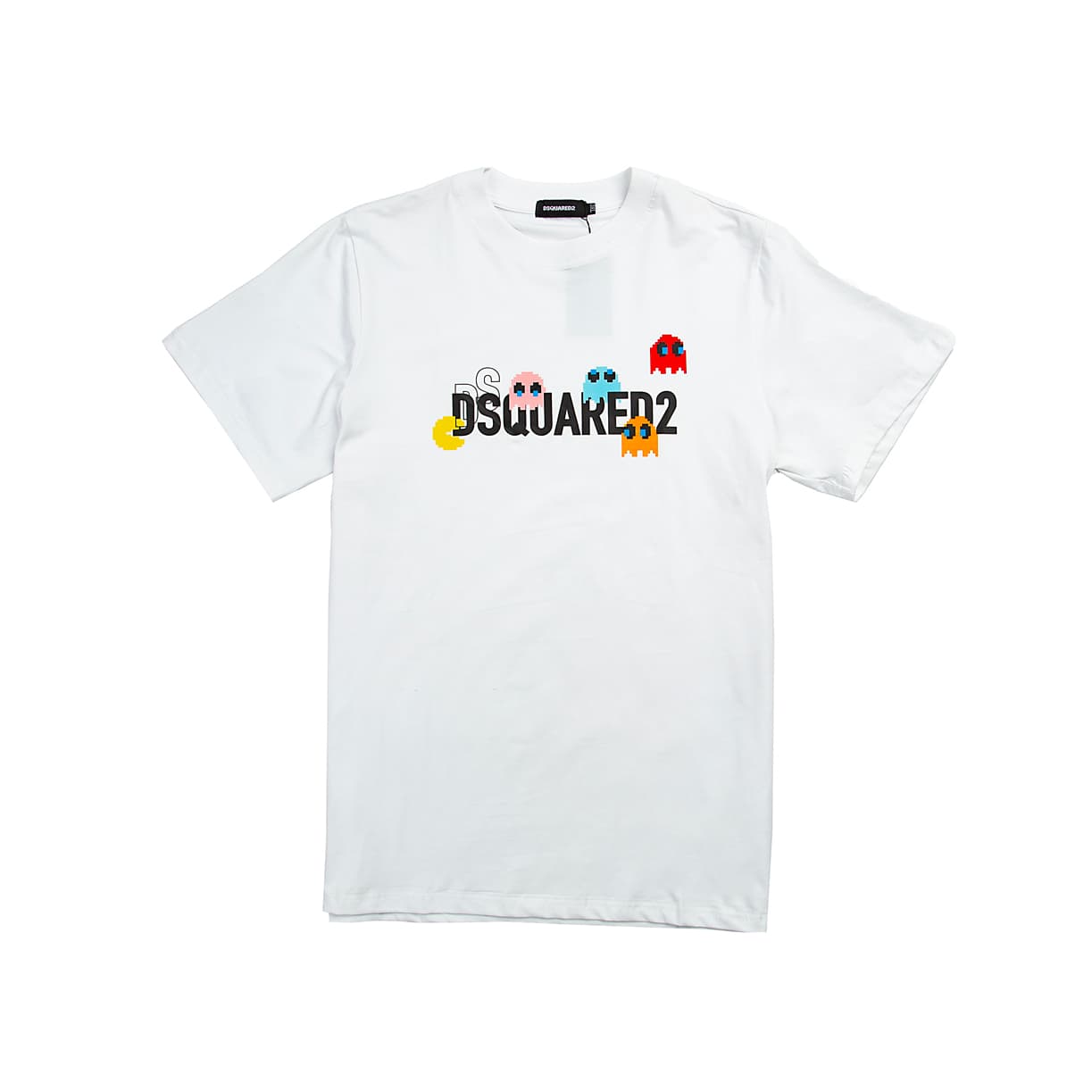 White Dsquared2 t-shirt with Pac-Man pixelated graphic and logo, short sleeves, designer unisex streetwear.