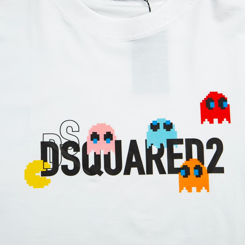White Dsquared2 t-shirt with Pac-Man pixelated graphic and logo, short sleeves, designer unisex streetwear.