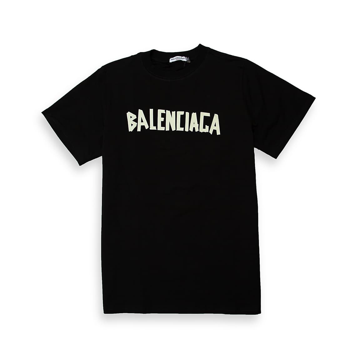 A classic crewneck, short-sleeve T-shirt in cotton jersey, featuring the brand's logo in a striking, intentionally distorted font.