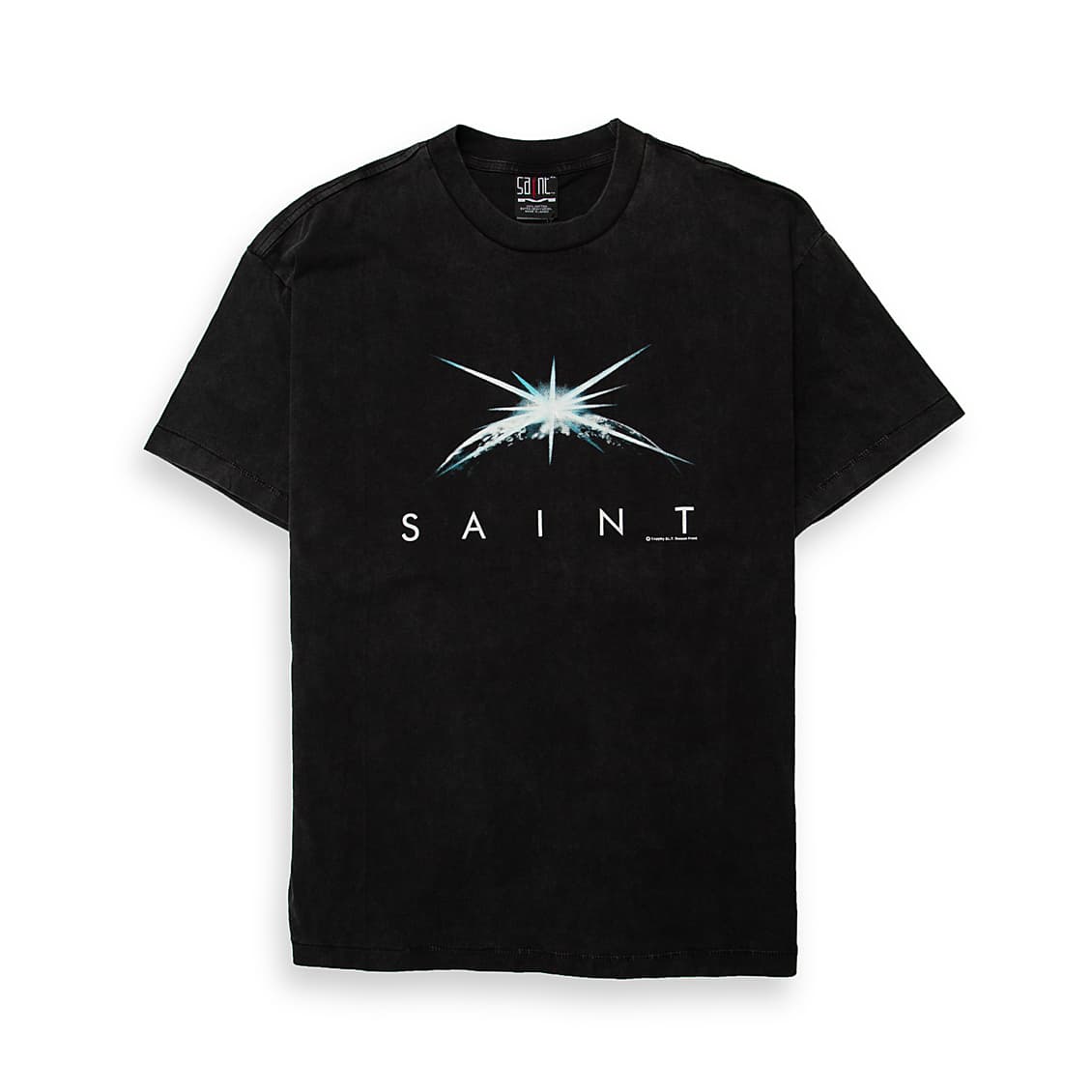 A black, vintage-look t-shirt with a faded/washed finish. It features a striking graphic print on the front, centered below the crew neck.