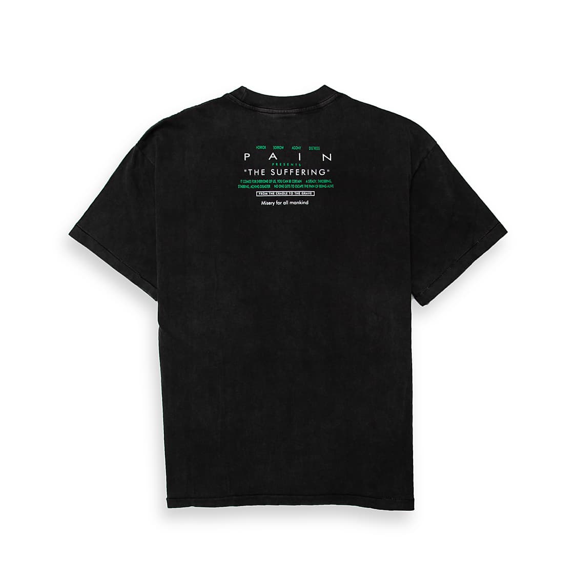 A black, vintage-look t-shirt with a faded/washed finish. It features a striking graphic print on the front, centered below the crew neck.