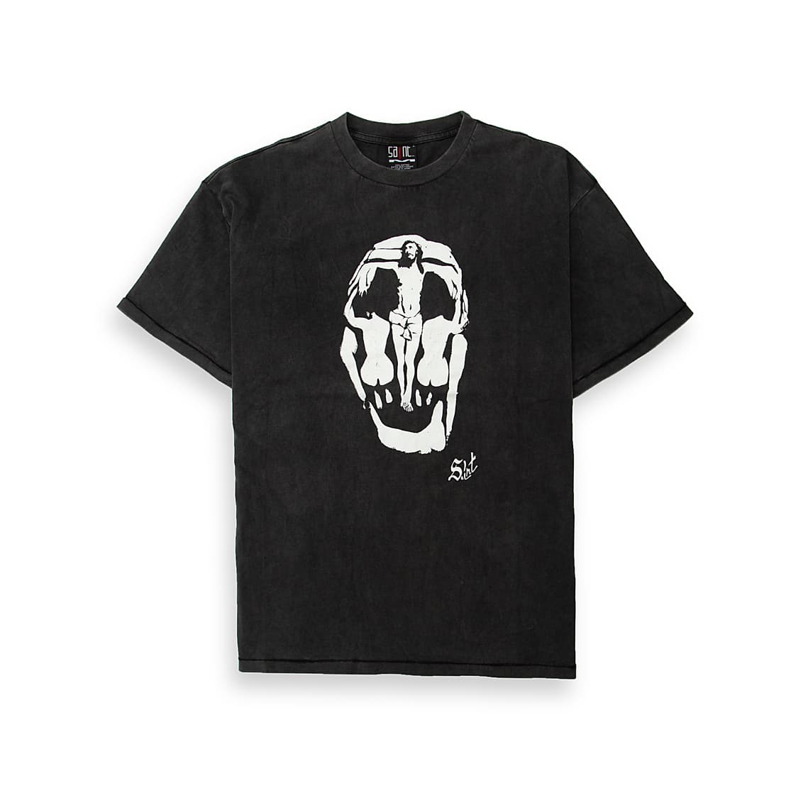This is a premium, short-sleeve t-shirt with a washed and distressed black finish, characteristic of vintage or heavy-duty streetwear.
