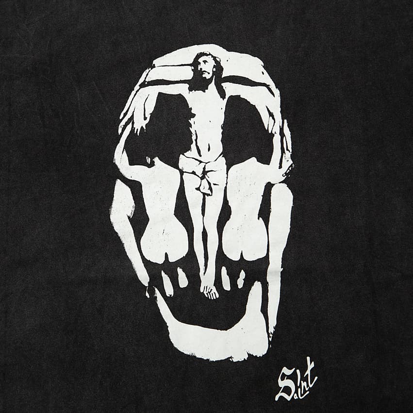 This is a premium, short-sleeve t-shirt with a washed and distressed black finish, characteristic of vintage or heavy-duty streetwear.