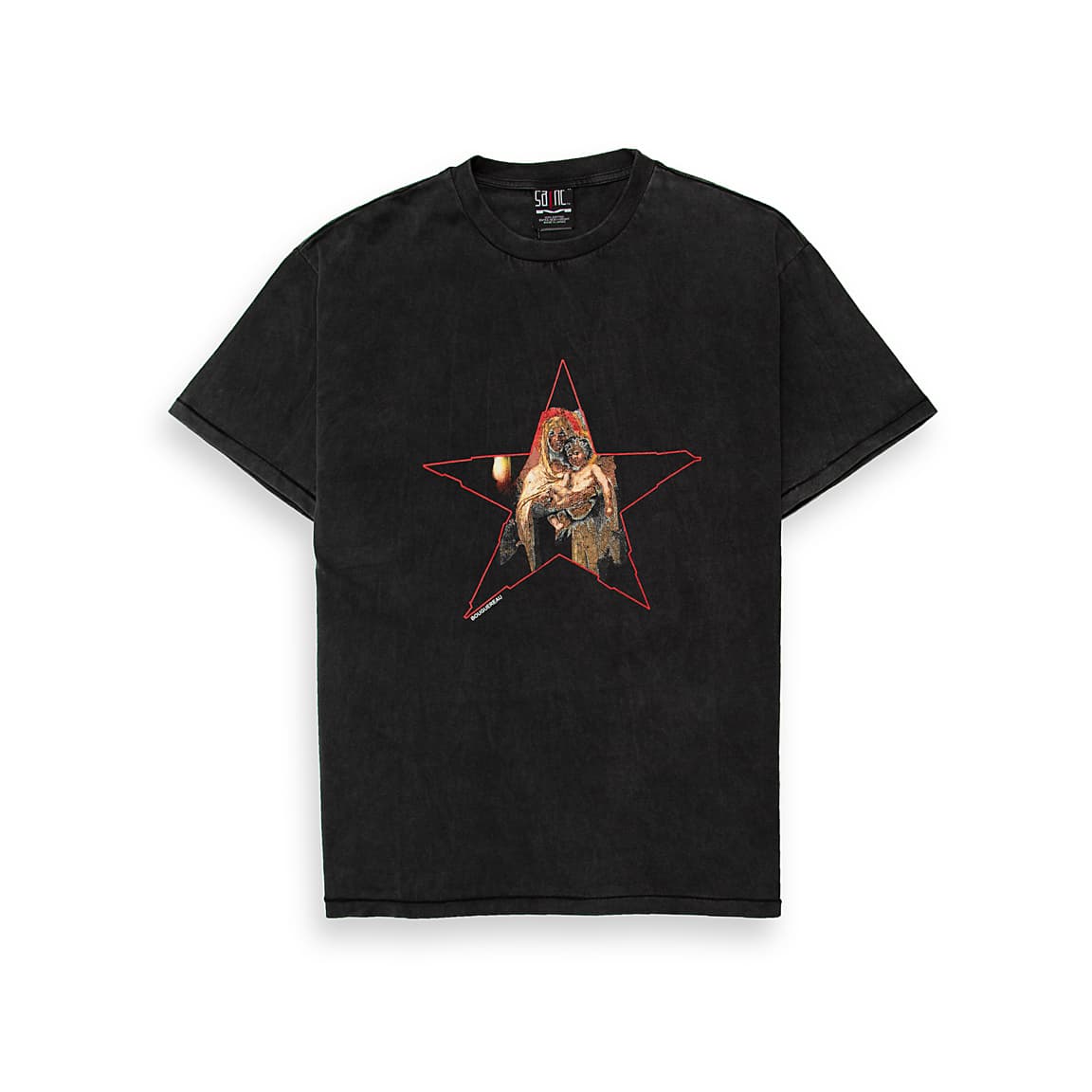 This is a premium, heavyweight cotton graphic t-shirt featuring a distinctive, faded print on a vintage-washed fabric base.