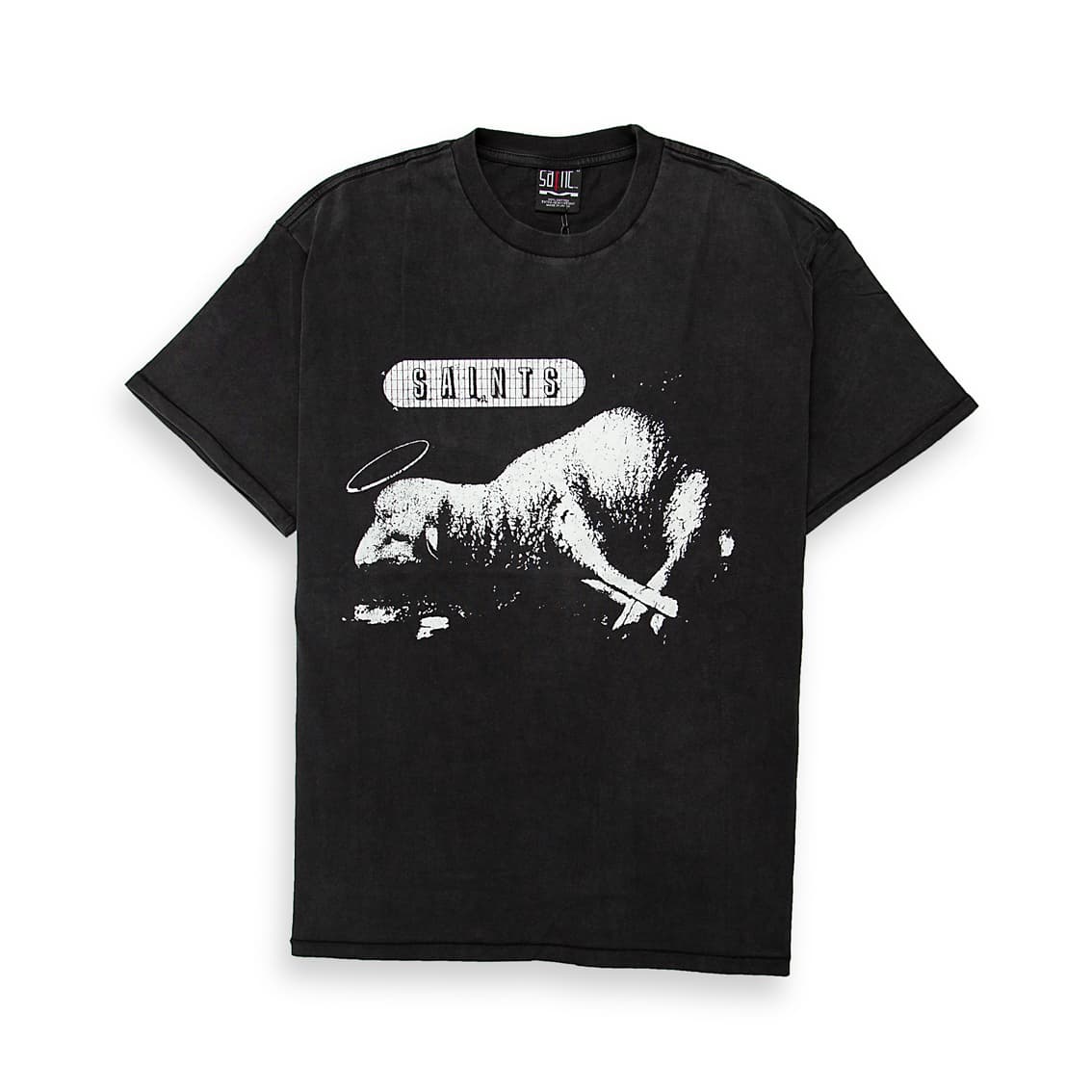 A distinctive, black, short-sleeve graphic t-shirt featuring a bold, contrasting white print of a life-sized silhouette and target range design.