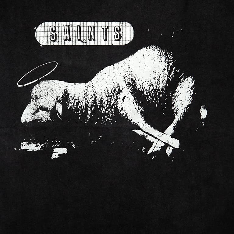 A distinctive, black, short-sleeve graphic t-shirt featuring a bold, contrasting white print of a life-sized silhouette and target range design.
