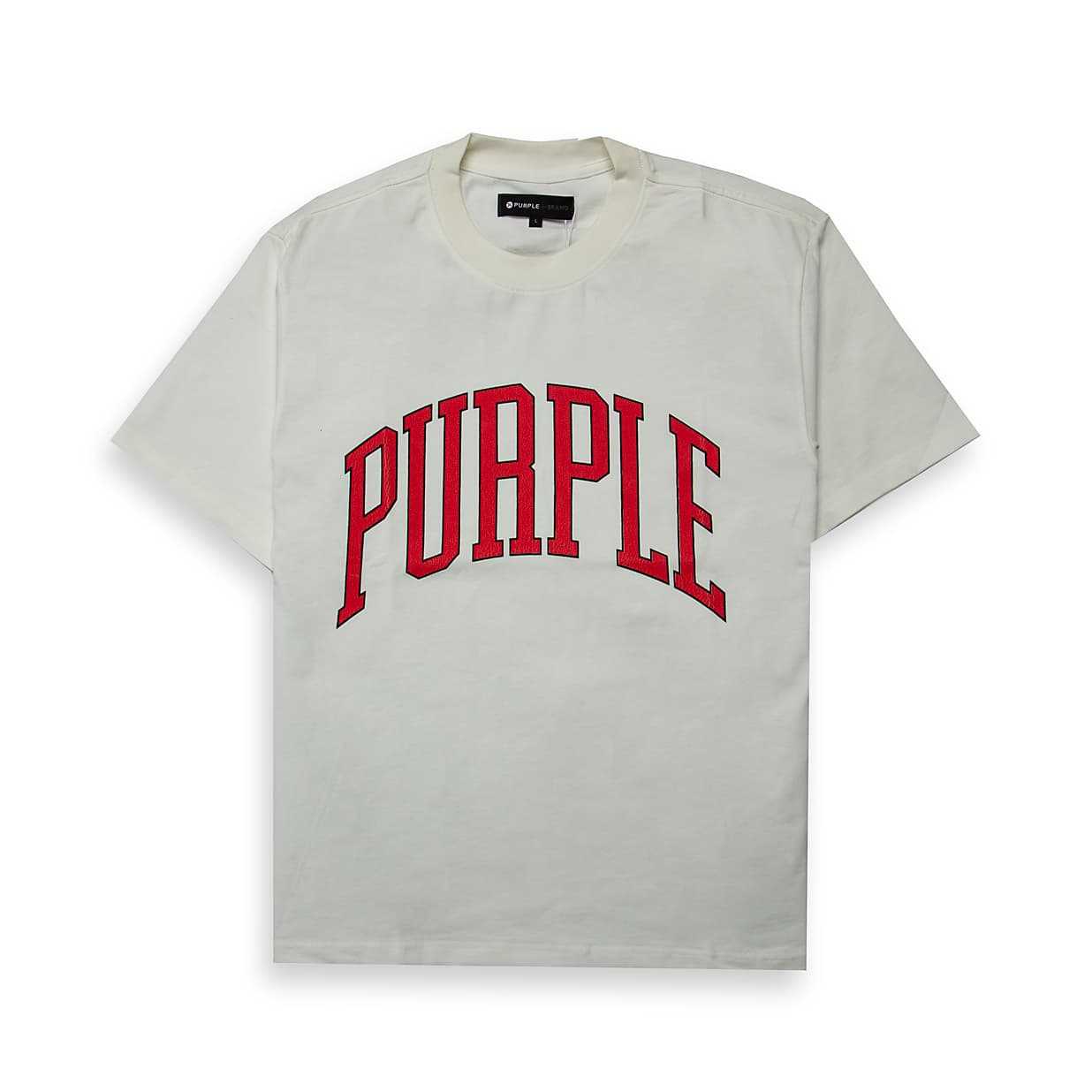 A premium, short-sleeve crewneck t-shirt from the brand PURPLE, known for its luxury streetwear aesthetic.