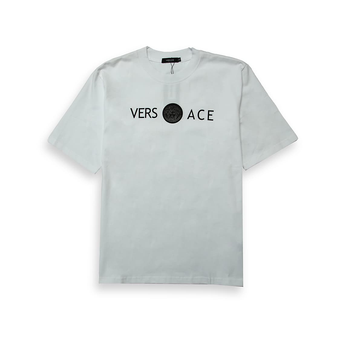 A classic short-sleeved, crewneck T-shirt featuring the iconic Versace Medusa motif placed centrally between the "VERS" and "ACE" lettering.
