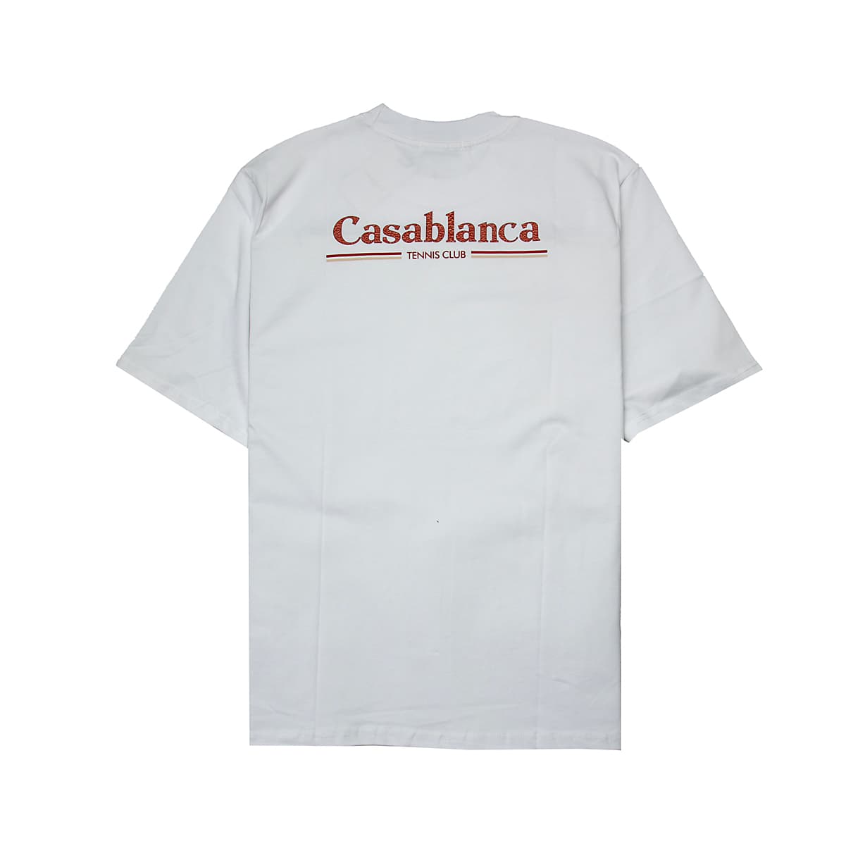 This is a white, short-sleeved, crew-neck T-shirt from the luxury French-Moroccan brand Casablanca.