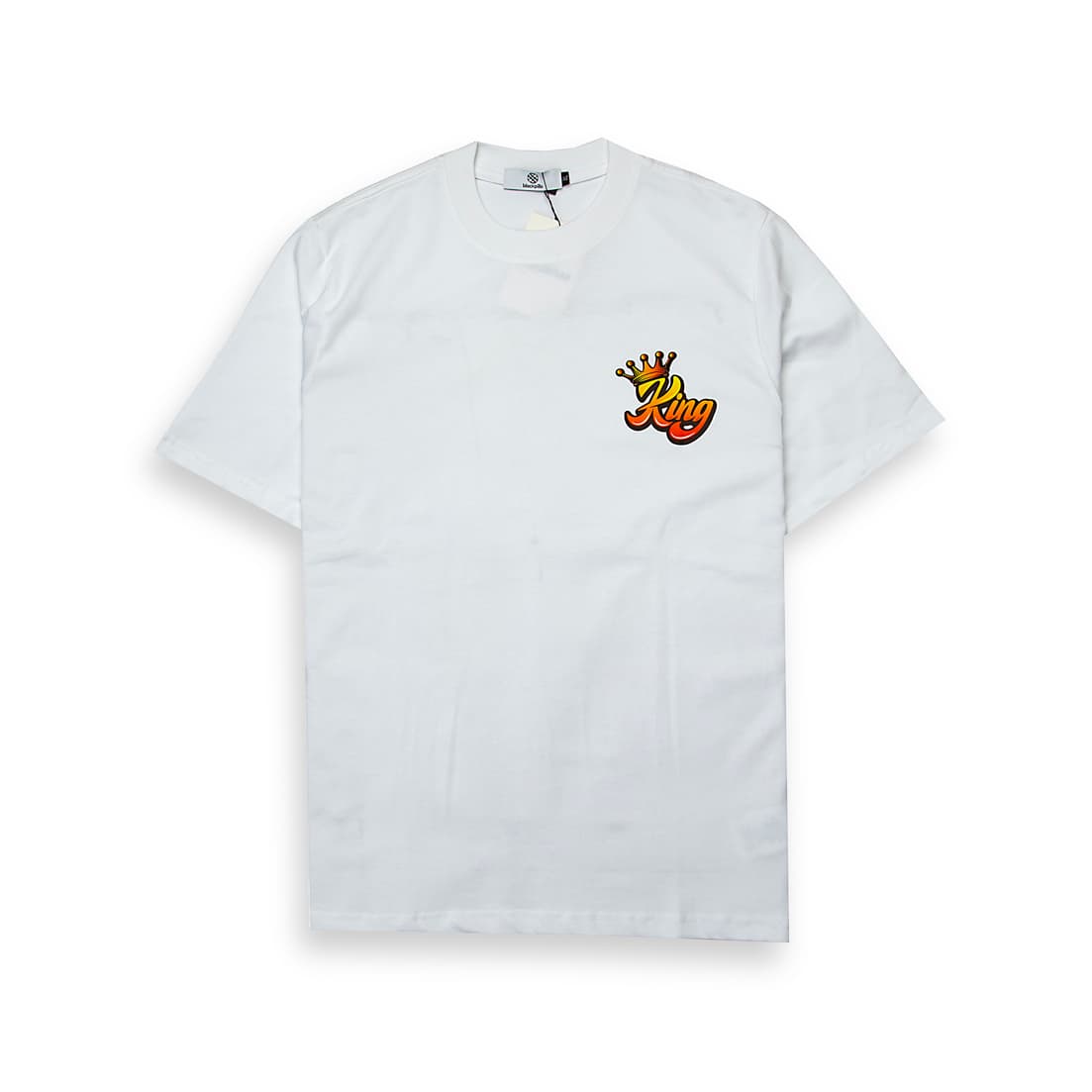 White t-shirt with small stylized "King" script and crown graphic on chest, short sleeves, unisex streetwear.