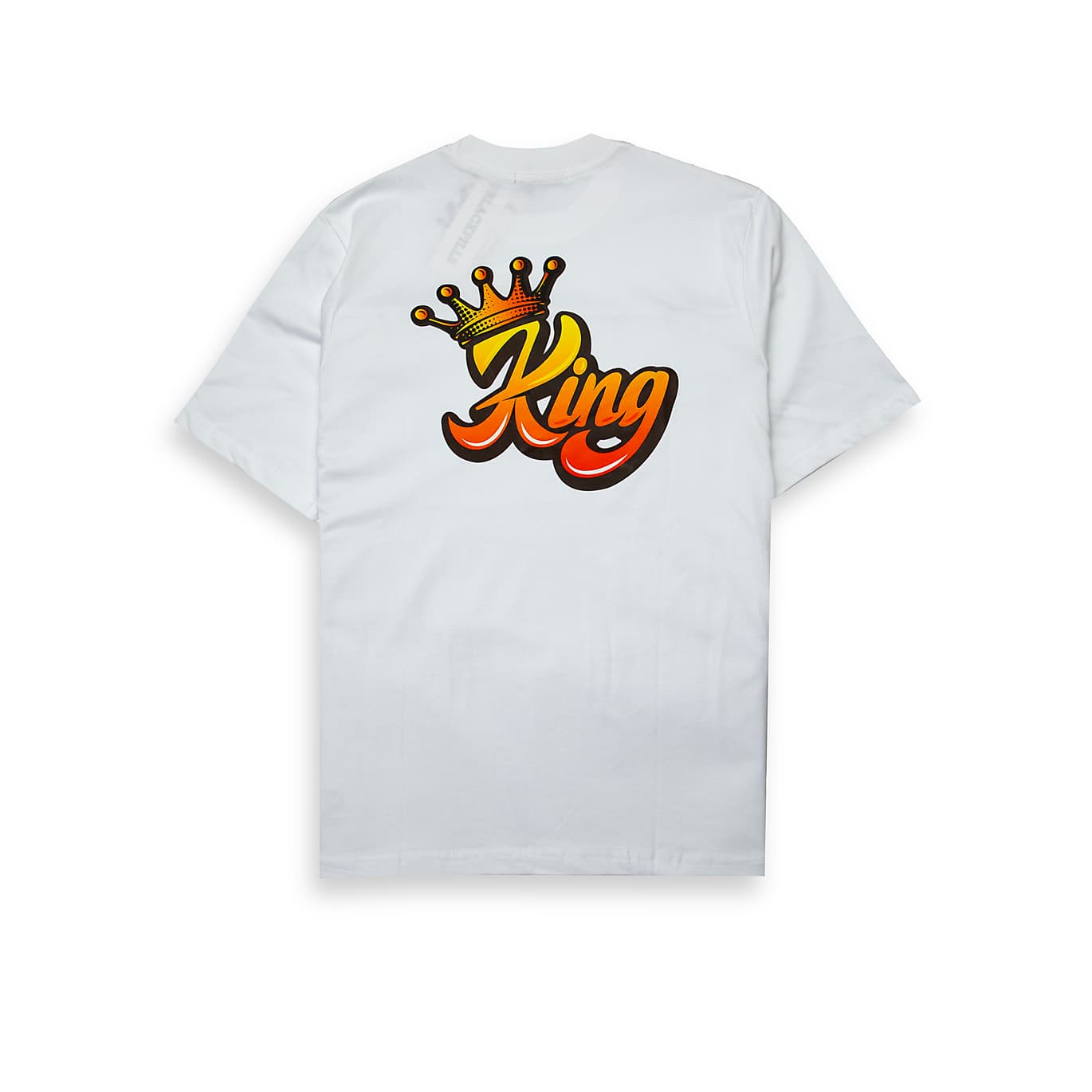White t-shirt with small stylized "King" script and crown graphic on chest, short sleeves, unisex streetwear.