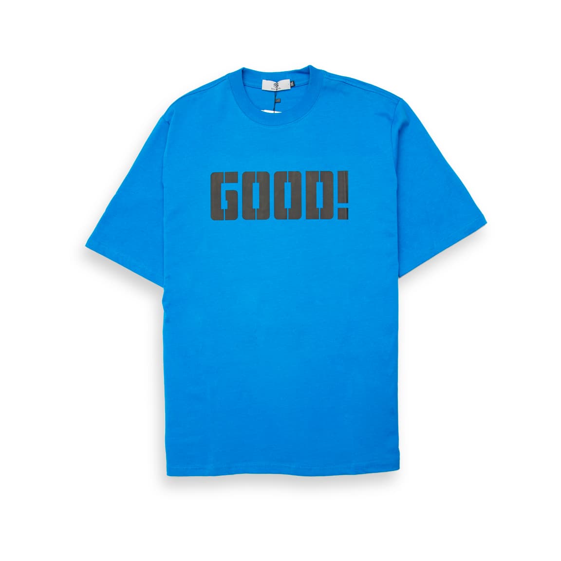 Royal Blue t-shirt with bold black stencil print "GOOD!" graphic on chest, short sleeves, unisex streetwear.
