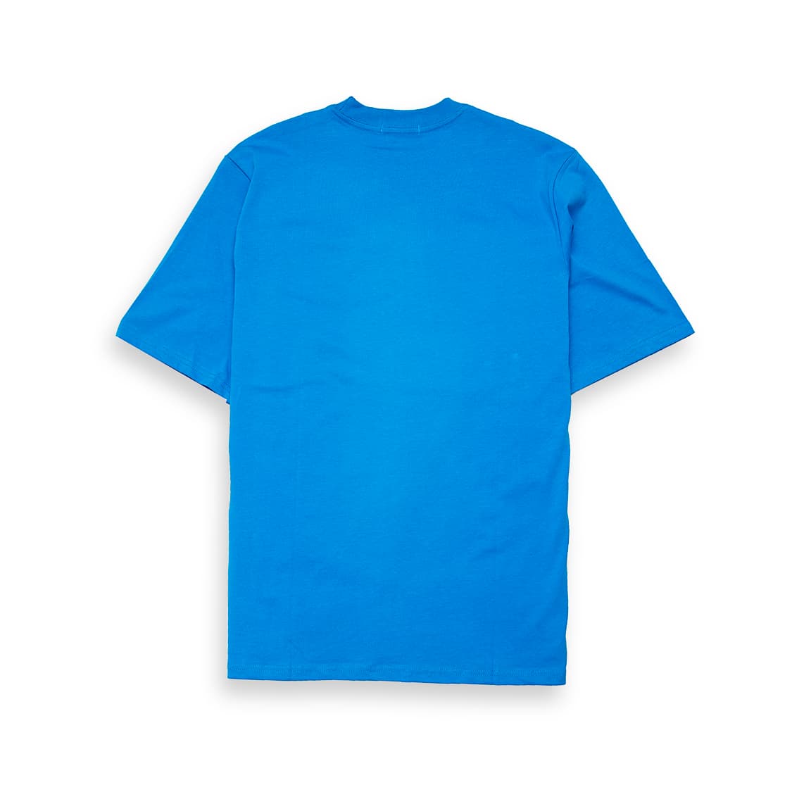 Royal Blue t-shirt with bold black stencil print "GOOD!" graphic on chest, short sleeves, unisex streetwear.