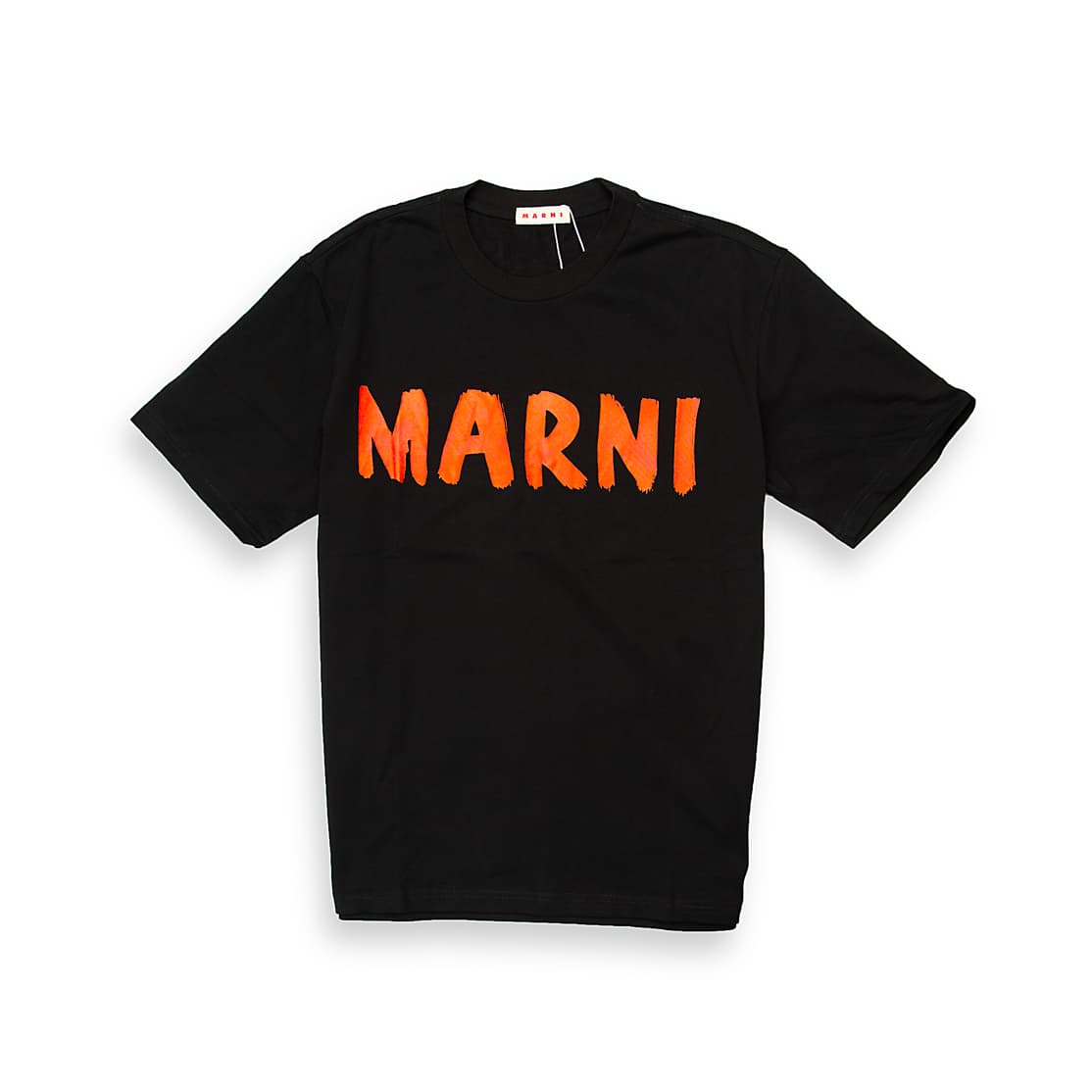 Black Marni t-shirt with large orange brushstroke logo graphic on chest, short sleeves, designer unisex streetwear.