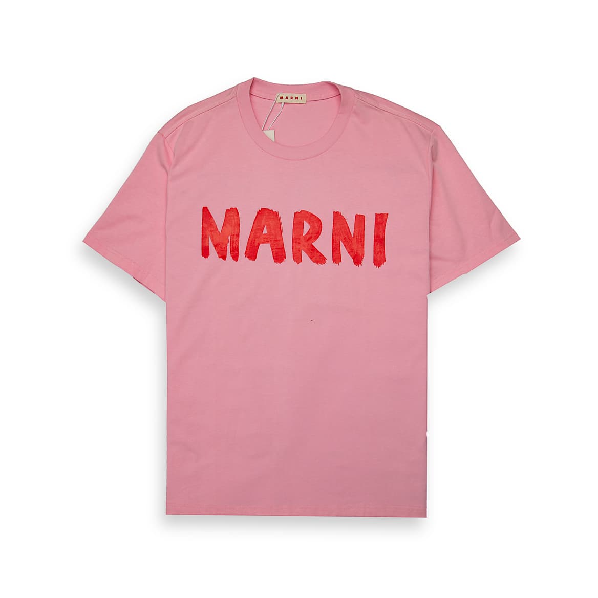 Pastel Pink Marni t-shirt with large red brushstroke logo graphic on chest, short sleeves, designer unisex streetwear.
